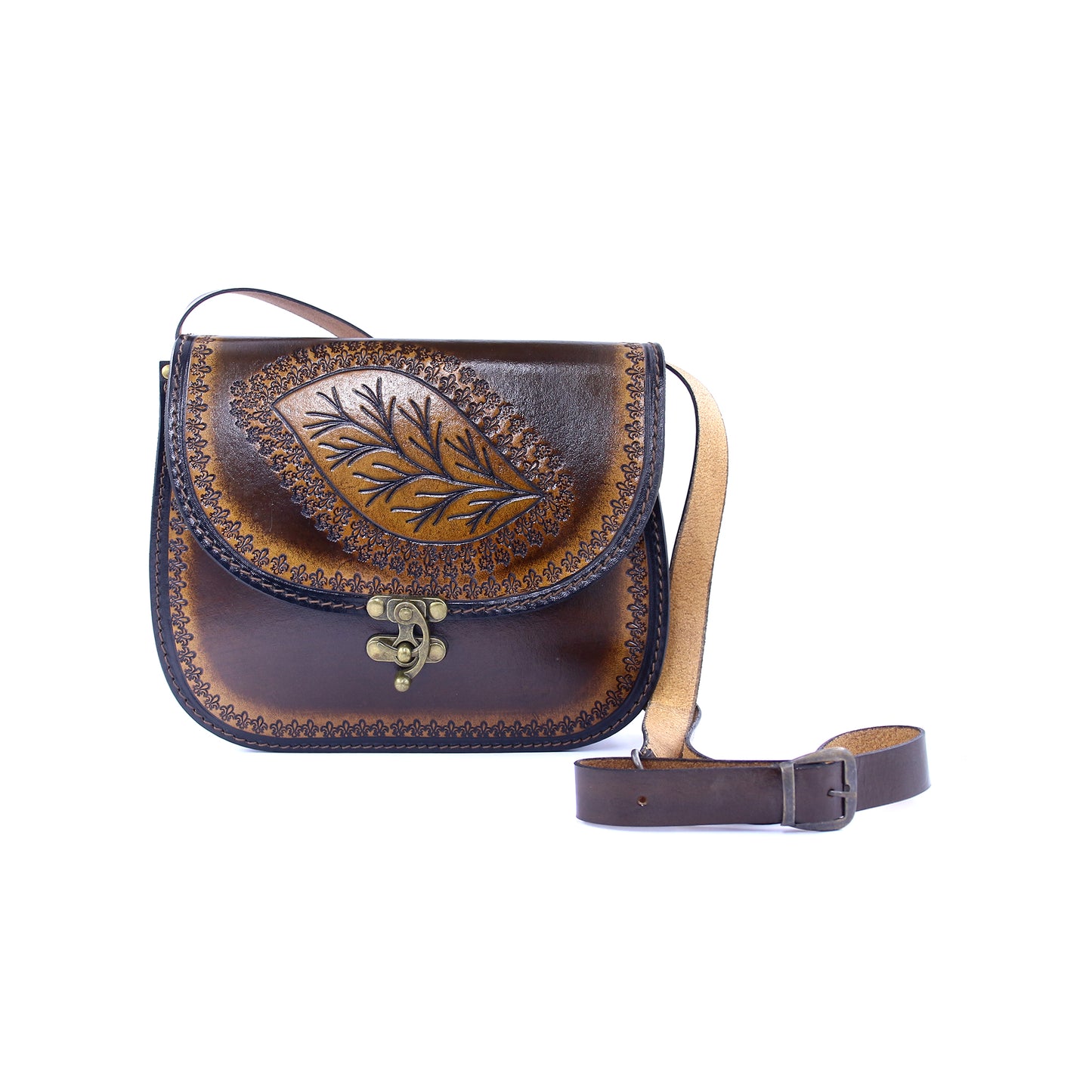 Handcrafted Leather Crossbody Bag – Vintage Brown Embossed Leaf Purse | Boho Rustic Everyday Shoulder Bag