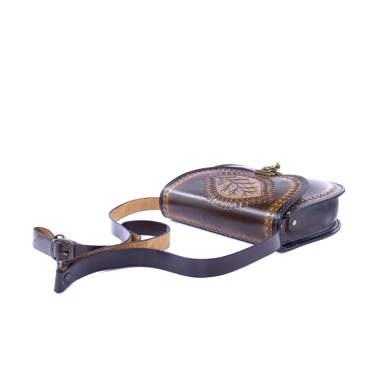 Handcrafted Leather Crossbody Bag – Vintage Brown Embossed Leaf Purse | Boho Rustic Everyday Shoulder Bag