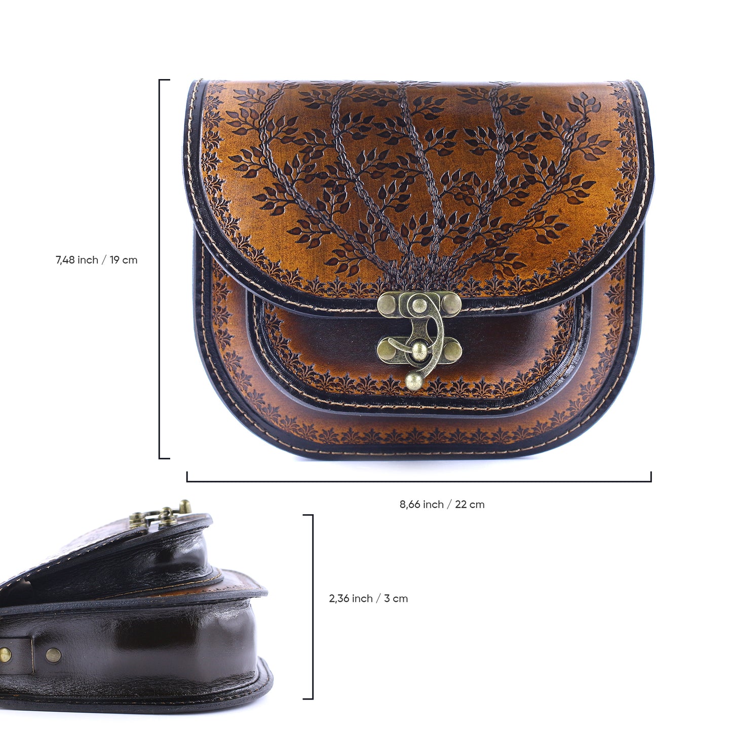 Handmade Leather Shoulder Bag – Tooled Tree of Life Design, Vintage Crossbody Purse– Zavelya Atelier