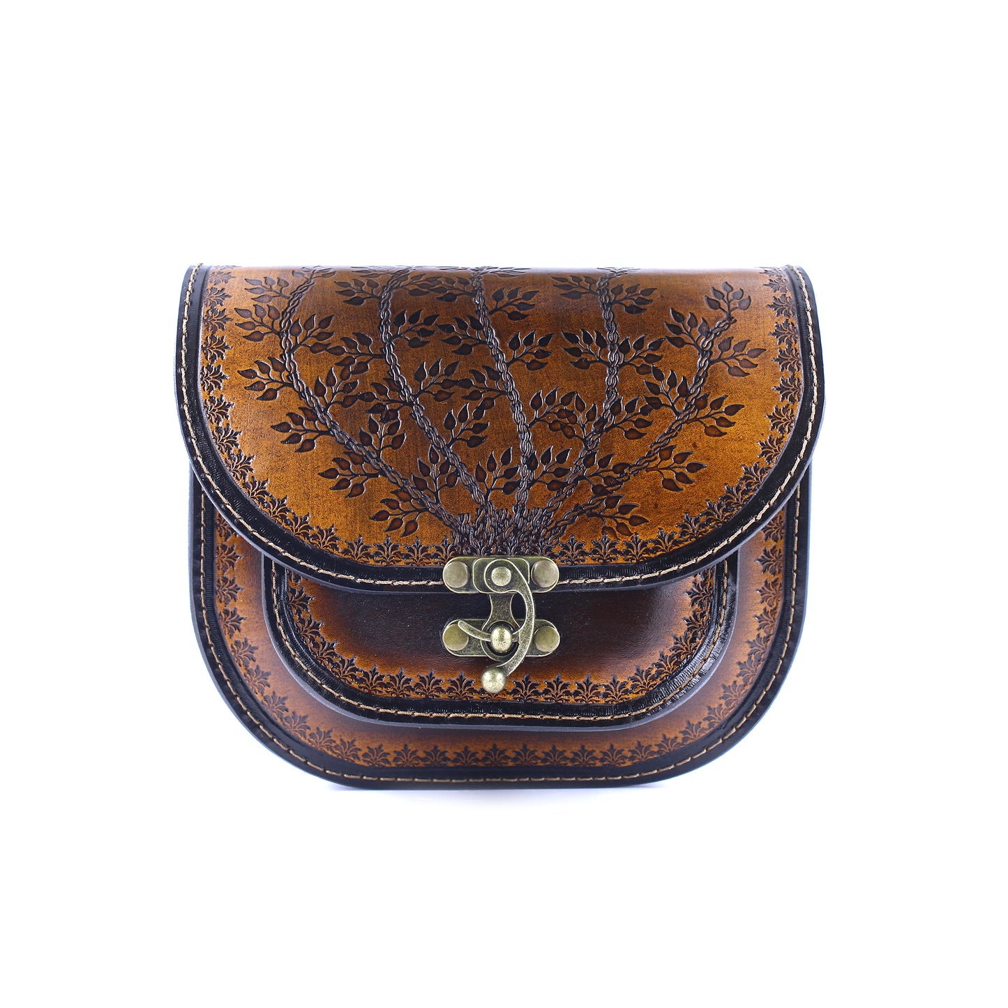 Handmade Leather Shoulder Bag – Tooled Tree of Life Design, Vintage Crossbody Purse– Zavelya Atelier