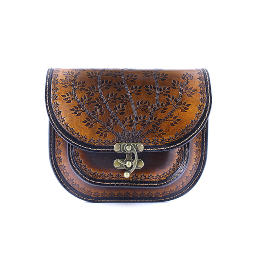 Handmade Leather Shoulder Bag – Tooled Tree of Life Design, Vintage Crossbody Purse– Zavelya Atelier