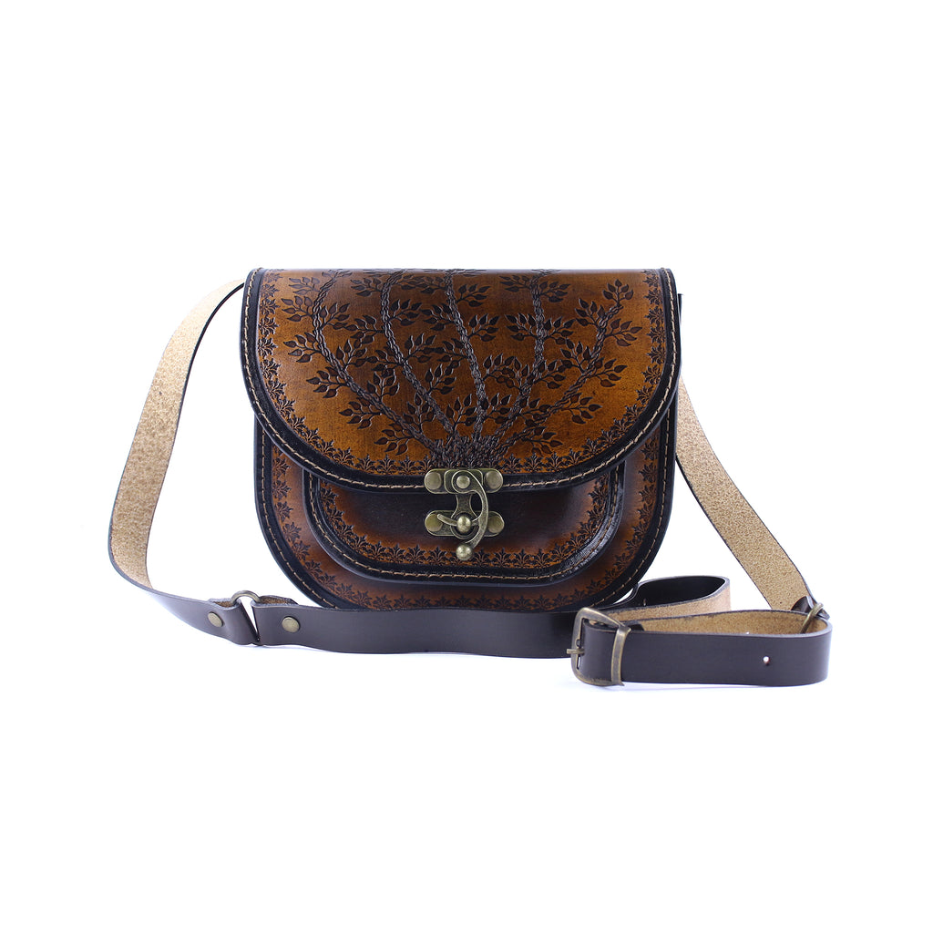 Handmade Leather Shoulder Bag – Tooled Tree of Life Design, Vintage Crossbody Purse– Zavelya Atelier