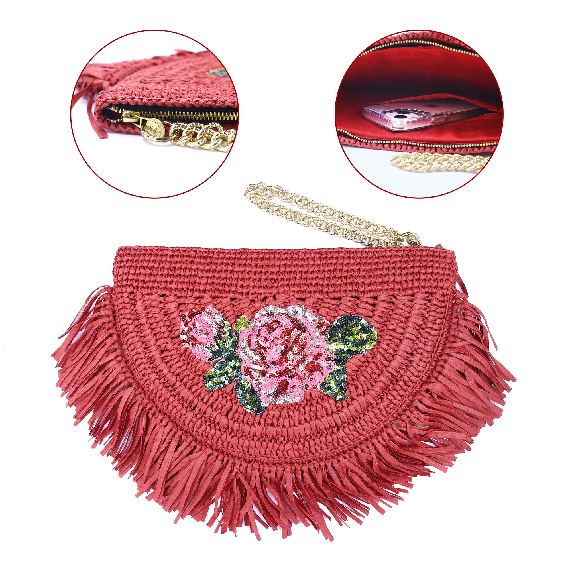 Boho Raffia Clutch – Handmade Straw Purse with Sequin Rose, Fringe and Gold Chain