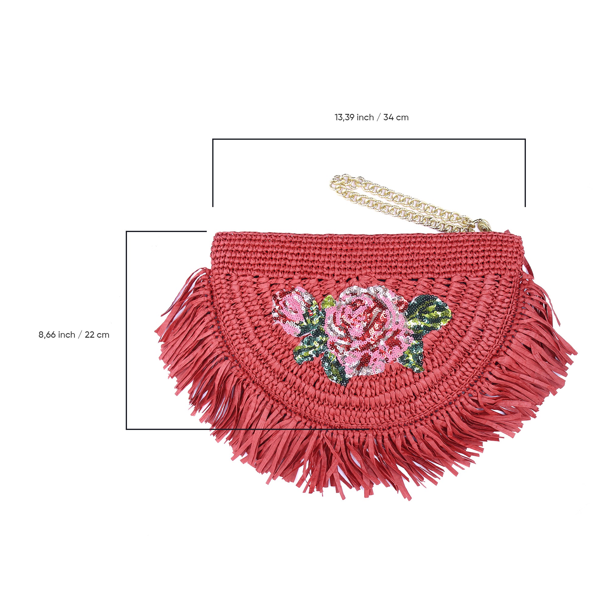Boho Raffia Clutch – Handmade Straw Purse with Sequin Rose, Fringe and Gold Chain