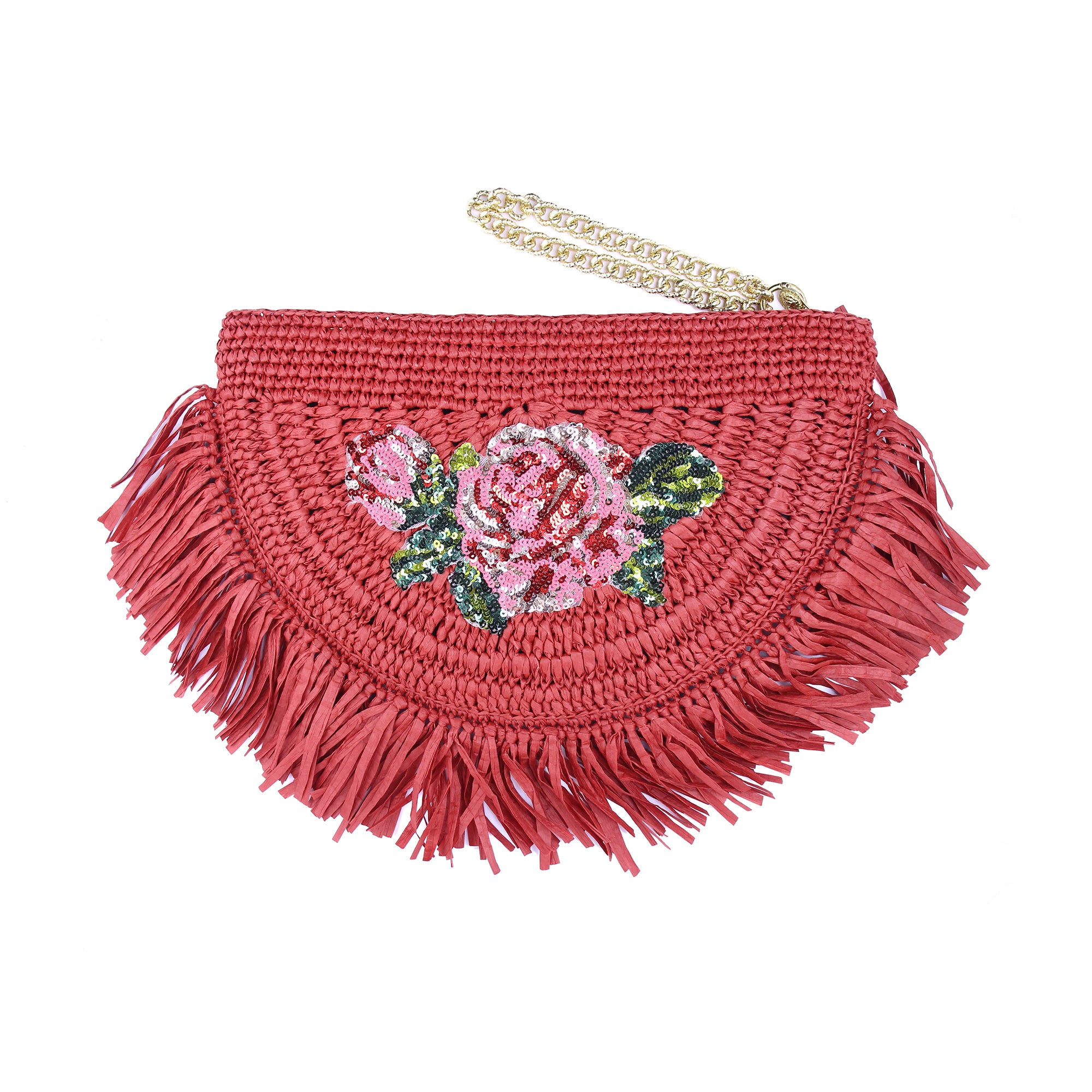 Boho Raffia Clutch – Handmade Straw Purse with Sequin Rose, Fringe and Gold Chain