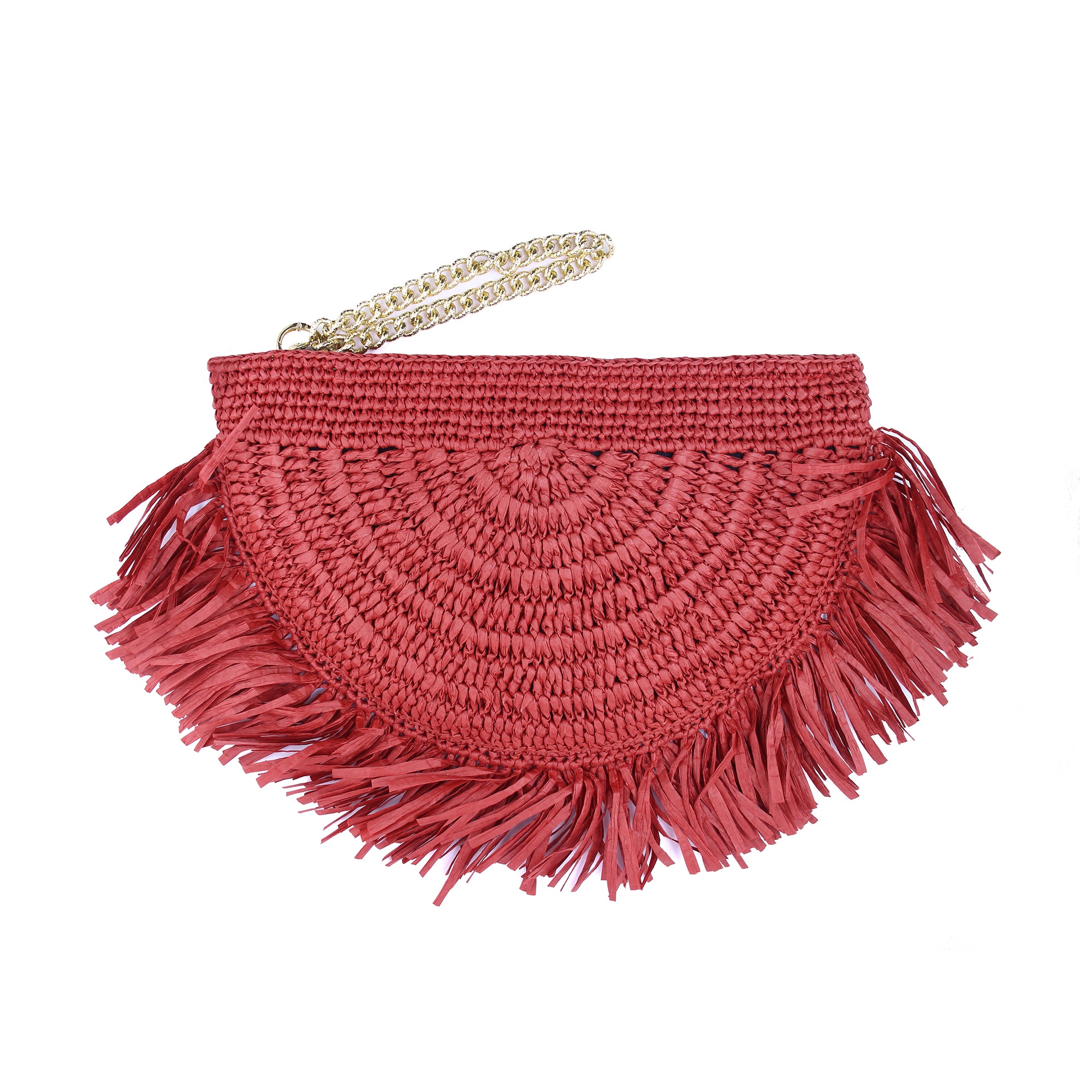 Boho Raffia Clutch – Handmade Straw Purse with Sequin Rose, Fringe and Gold Chain