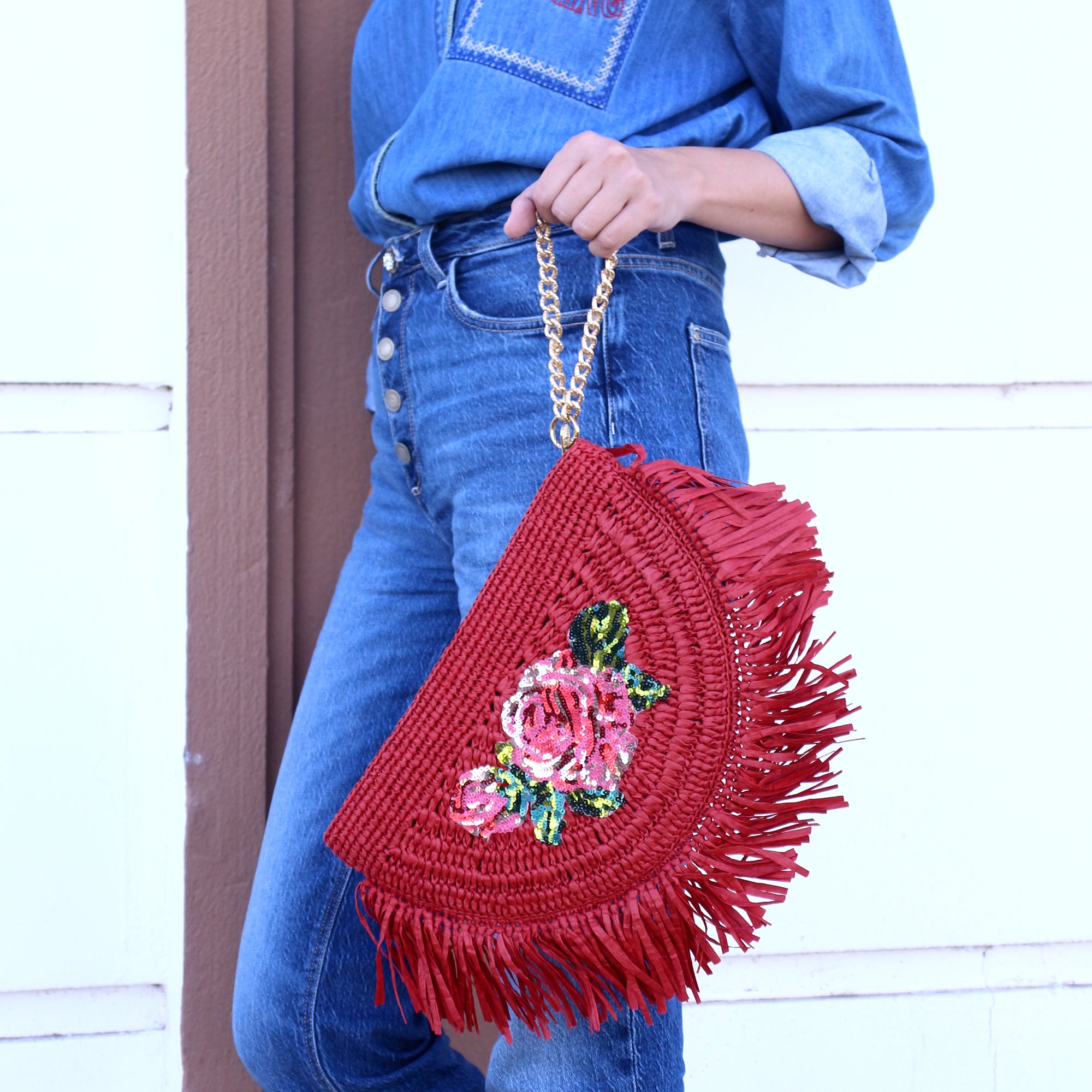 Boho Raffia Clutch – Handmade Straw Purse with Sequin Rose, Fringe and Gold Chain