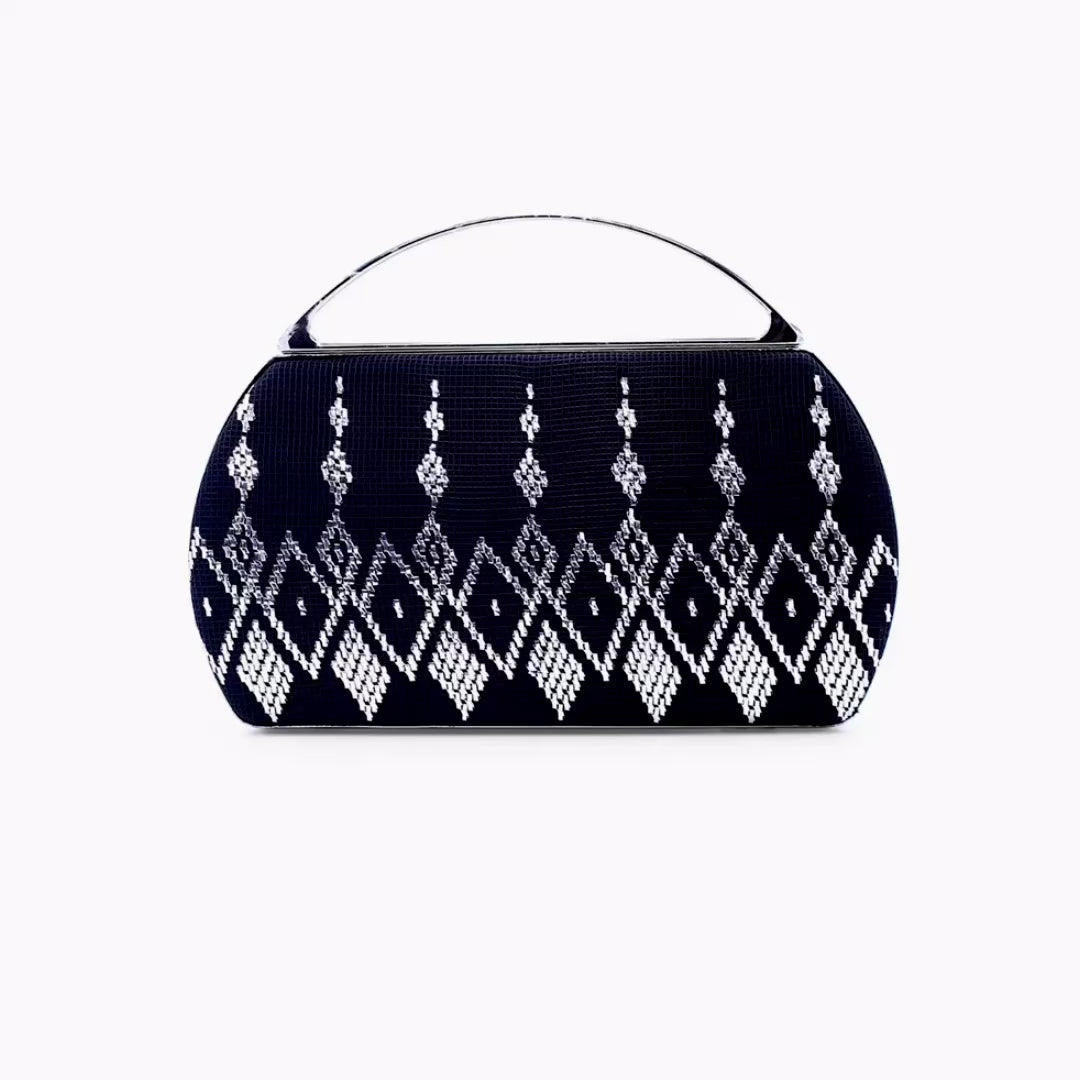 Luxury Black Velvet Clutch – Silver Embroidery